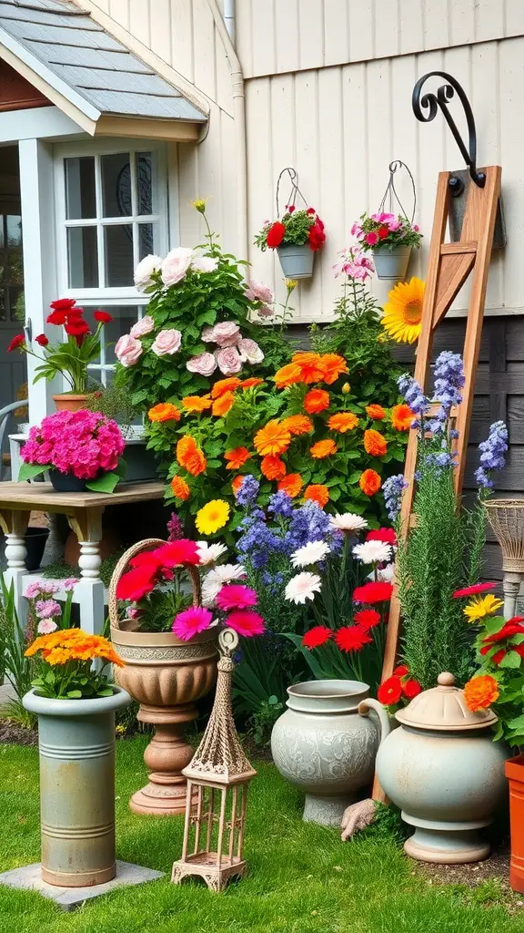 21 Beautiful Small Flower Bed Ideas for a Stunning Garden 9 A beautiful cottage-style flower bed with colorful flowers, pots, and a decorative lantern.