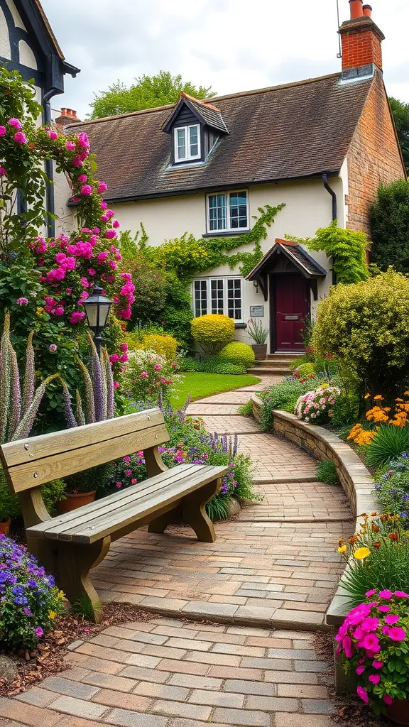 21 Stunning European Backyard Ideas to Transform Your Outdoor Space 9 A charming English cottage garden with a winding pathway, colorful flowers, and a cozy wooden bench.