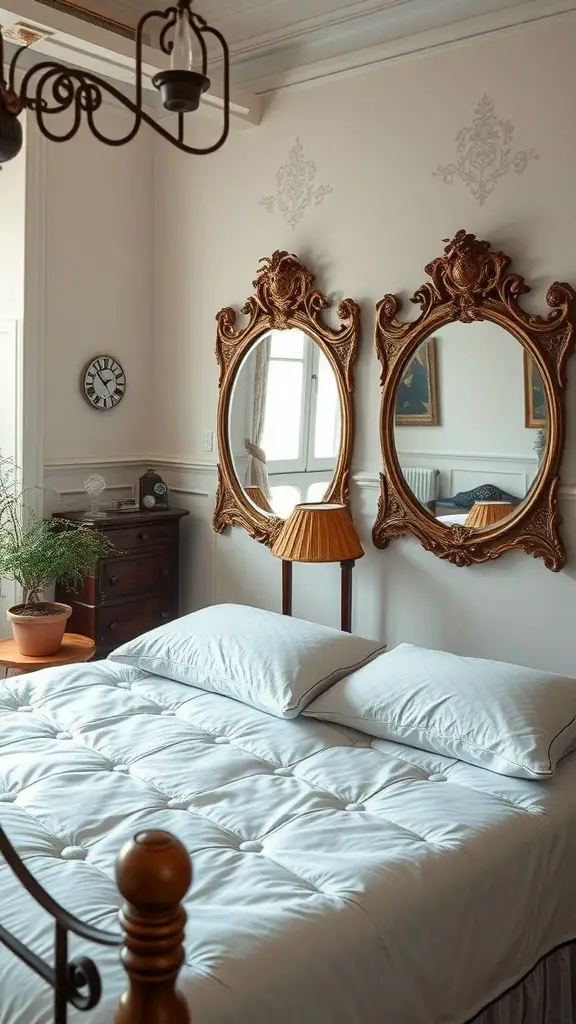 23 Earthy Vintage Bedroom Decor Ideas to Elevate Your Space 17 A vintage bedroom featuring two ornate gold-framed mirrors above a neatly made bed.