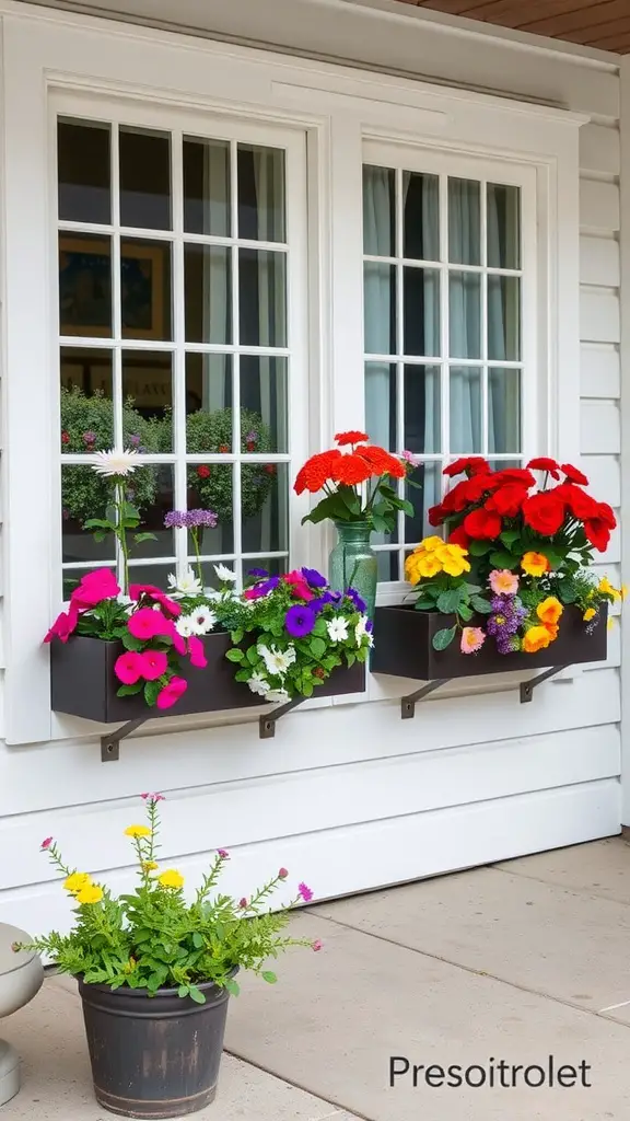 Vibrant window box gardens filled with colorful flowers in front of a house