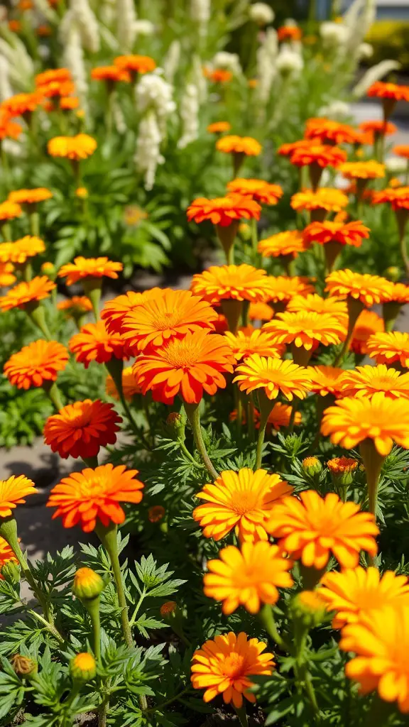A vibrant patch of orange and yellow marigolds in a garden
