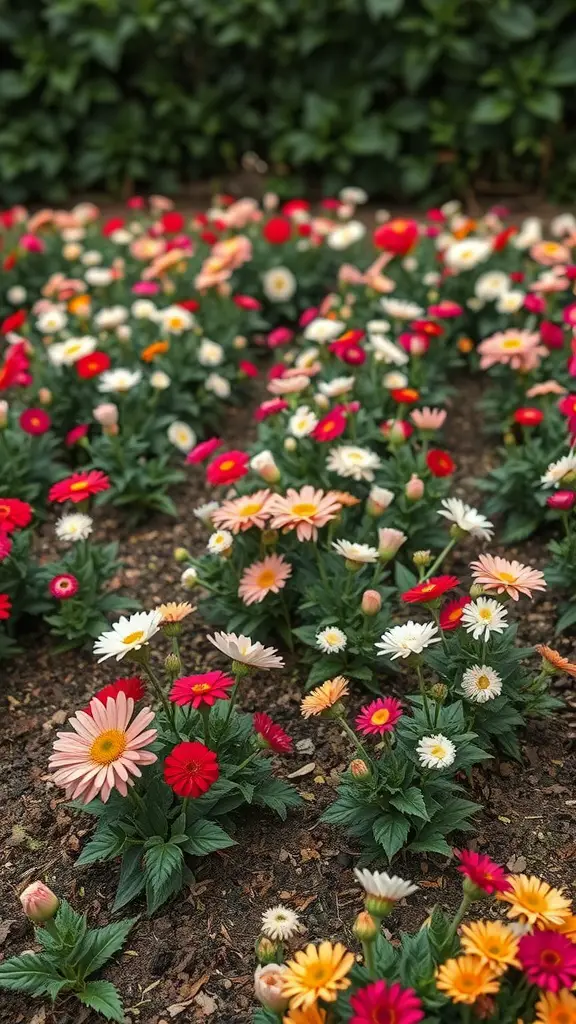 A colorful flower bed featuring various shades of gerbera daisies with a background of greenery.