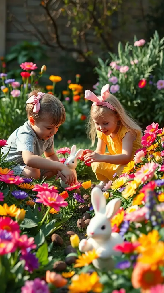 17 Fun Easter Games for Kids and Adults 15 Children searching for chocolate bunnies in a flower-filled garden during an Easter game.