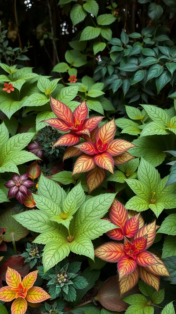 25 Beautiful Shade Garden Design Ideas for Your Outdoor Space 3 Vibrant foliage in a shade garden with a mix of green, red, and orange leaves.