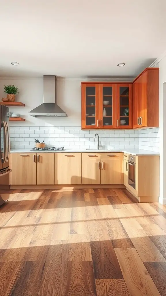 21 Stunning Kitchen Floor Ideas to Transform Your Space 8 A modern kitchen featuring warm wooden floors, cabinets, and a backsplash, showcasing sunlight streaming in.