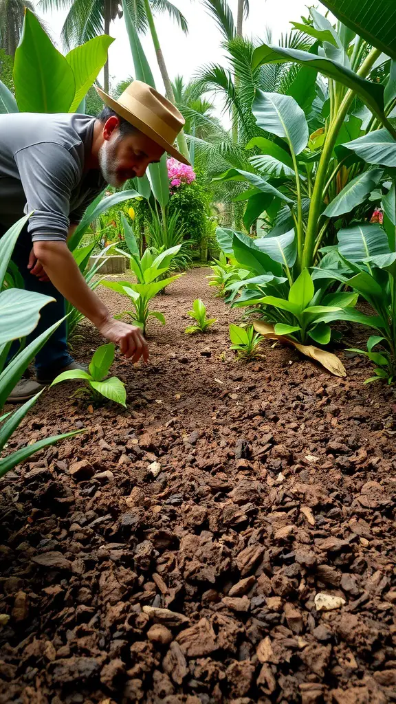 A gardener tending to soil in a tropical garden surrounded by lush green plants.