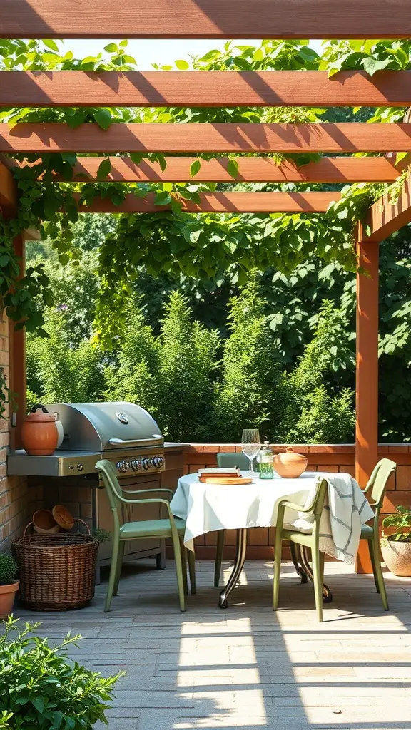 Outdoor grill gazebo with a wooden pergola, grill, and dining area surrounded by greenery