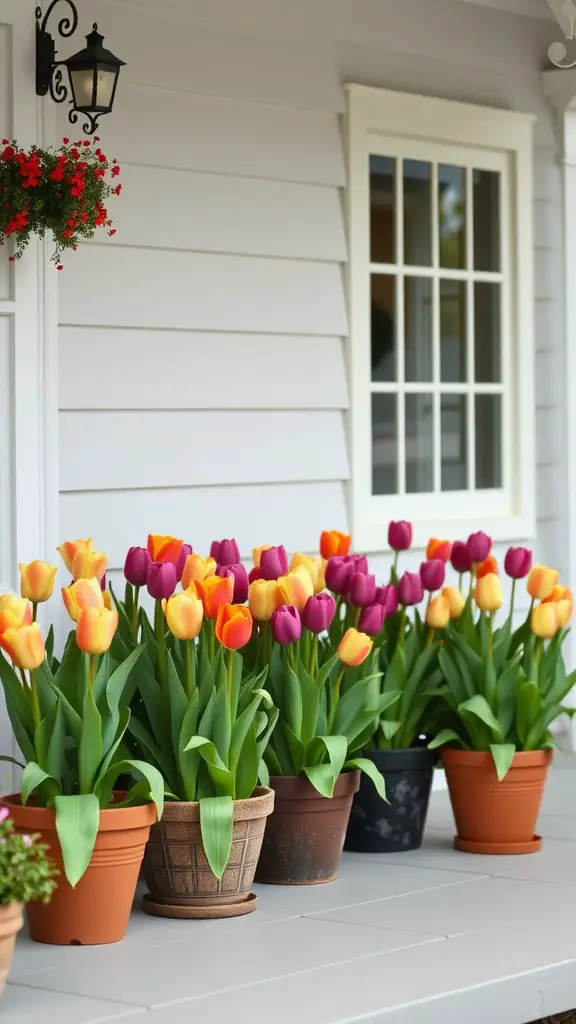 Color-blocked tulip display on a porch with pots of vibrant yellow, orange, and purple tulips.