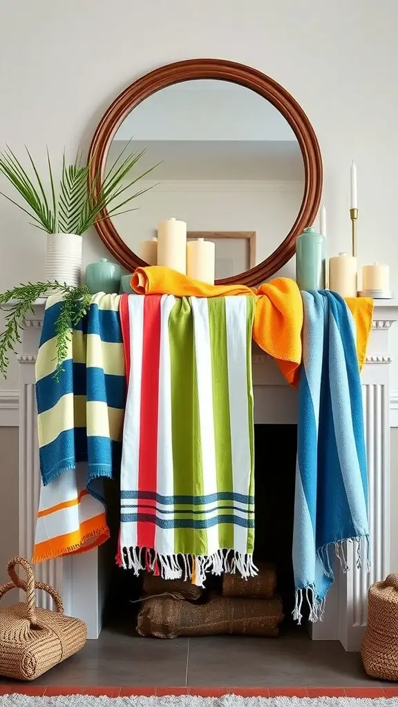 19 Creative Summer Mantel Decorating Ideas to Brighten Your Home 19 A summer mantel decorated with colorful beach towels draped over a white mantel, with candles and greenery, creating a vibrant and cheerful atmosphere.