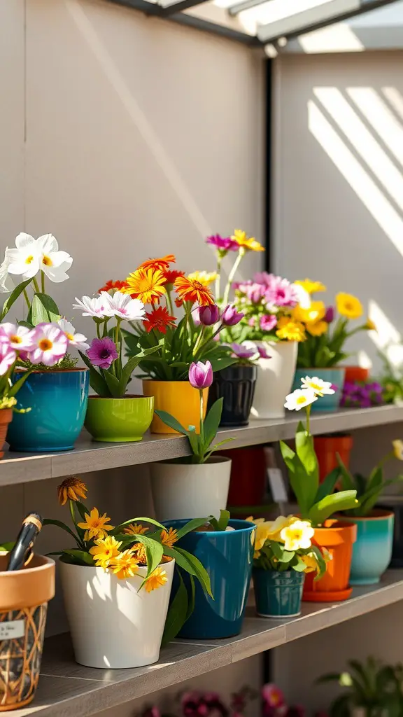25 Creative Spring Planter Ideas to Refresh Your Garden 24 Colorful ceramic pots filled with flowers on a shelf