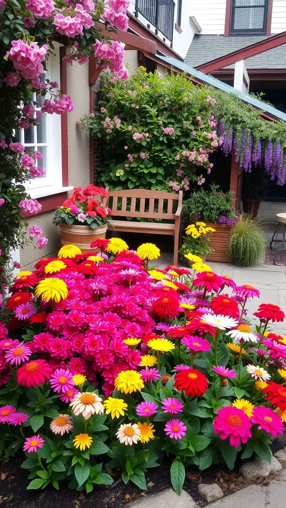 25 Charming Garden Nook Ideas for a Cozy Outdoor Space 5 A vibrant flower bed with various colorful flowers framing a cozy bench in a garden nook.