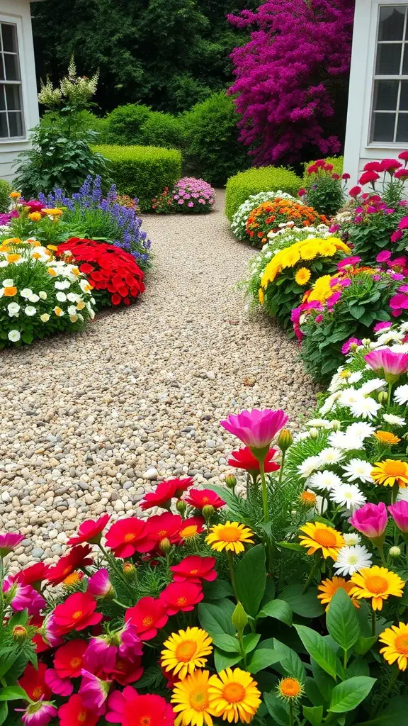 27 Inspiring Pea Gravel Patio Ideas for Your Outdoor Space 10 A gravel path bordered by colorful flowers in various shades.
