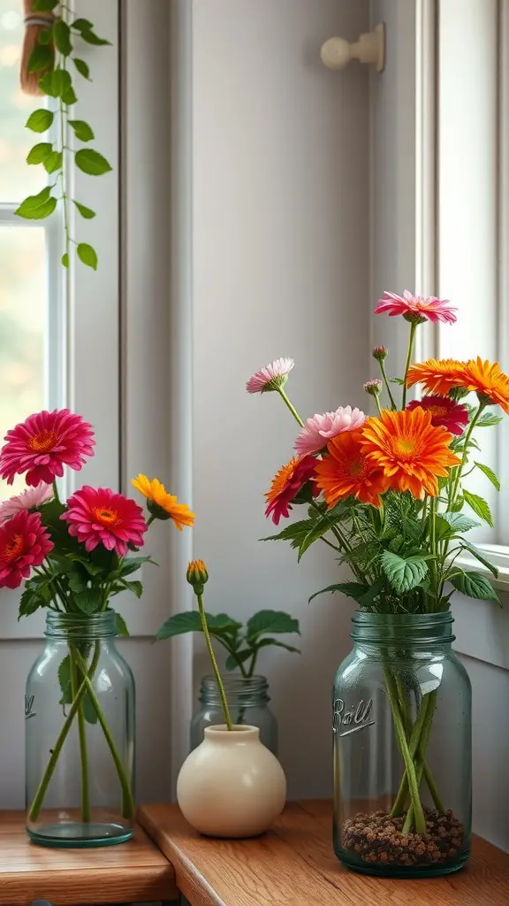 19 Kitchen Corner Plant Ideas That Will Boost Your Home’s Vibe! 4 Colorful flowering plants in vintage jars on a wooden surface.