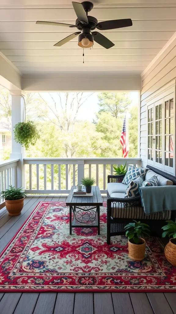 23 Inspiring Under Deck Patio Ideas for Your Outdoor Space 14 A cozy under deck patio featuring a colorful outdoor rug, comfortable seating, and greenery.