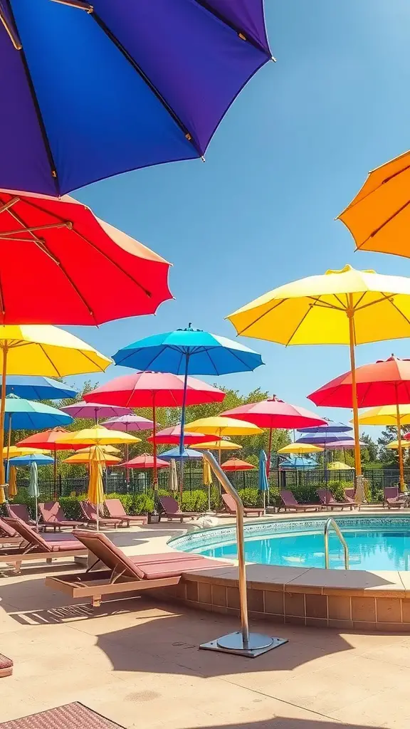23 Stunning Above Ground Pool Ideas with Deck Designs You'll Love 13 Colorful umbrellas in shades of red, blue, yellow, and purple surrounding a pool area, providing shade for loungers