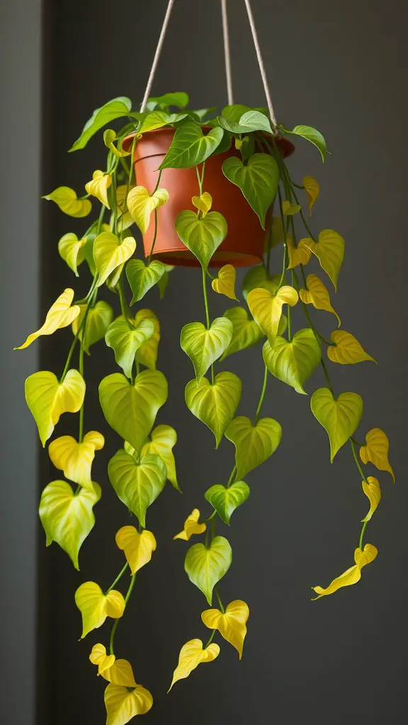 19 Beautiful Indoor Plants to Grow in Your Home 4 A hanging pothos plant with green and yellow leaves, showcasing its vibrant foliage.