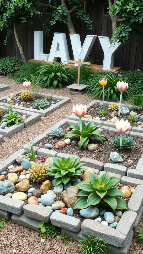 19 Creative Raised Garden Bed Layout Ideas for Your Backyard 14 Colorful raised garden beds with decorative gray stone borders, featuring various plants and flowers in a well-organized layout.