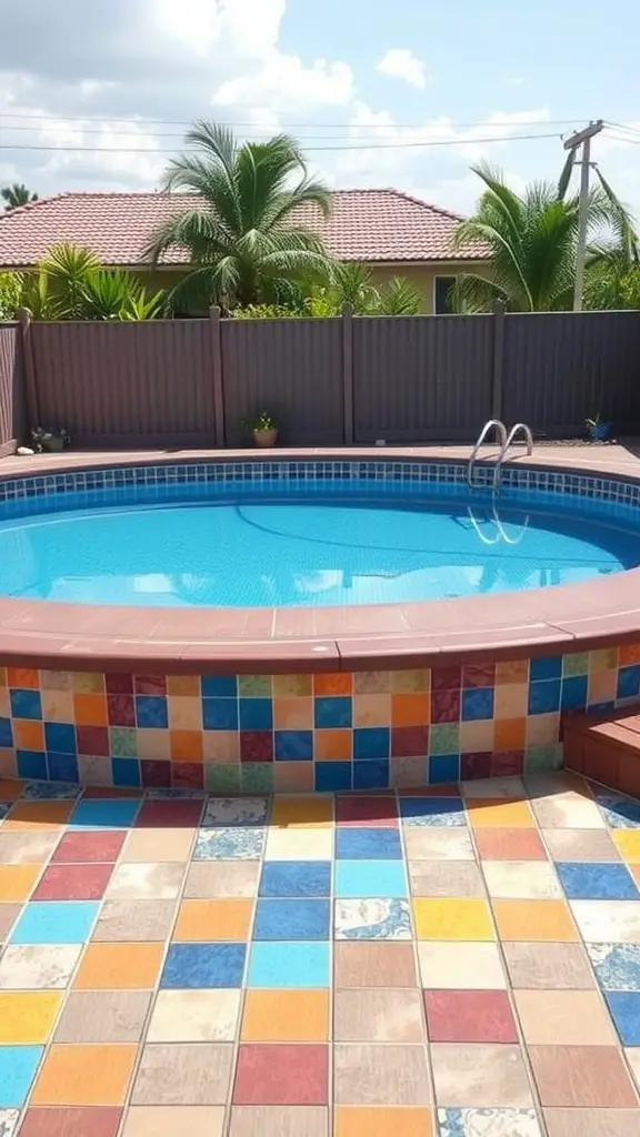 23 Stunning Above Ground Pool Ideas with Deck Designs You'll Love 20 A vibrant above ground pool surrounded by colorful tiles in various shades.