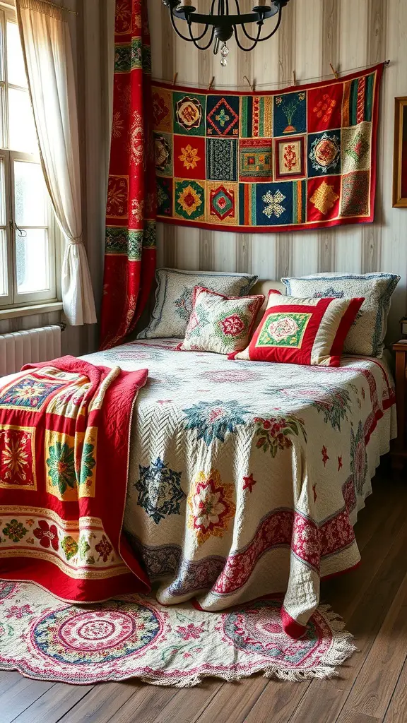23 Earthy Vintage Bedroom Decor Ideas to Elevate Your Space 23 A cozy vintage bedroom with colorful quilts and blankets, featuring intricate patterns in reds, blues, and yellows.