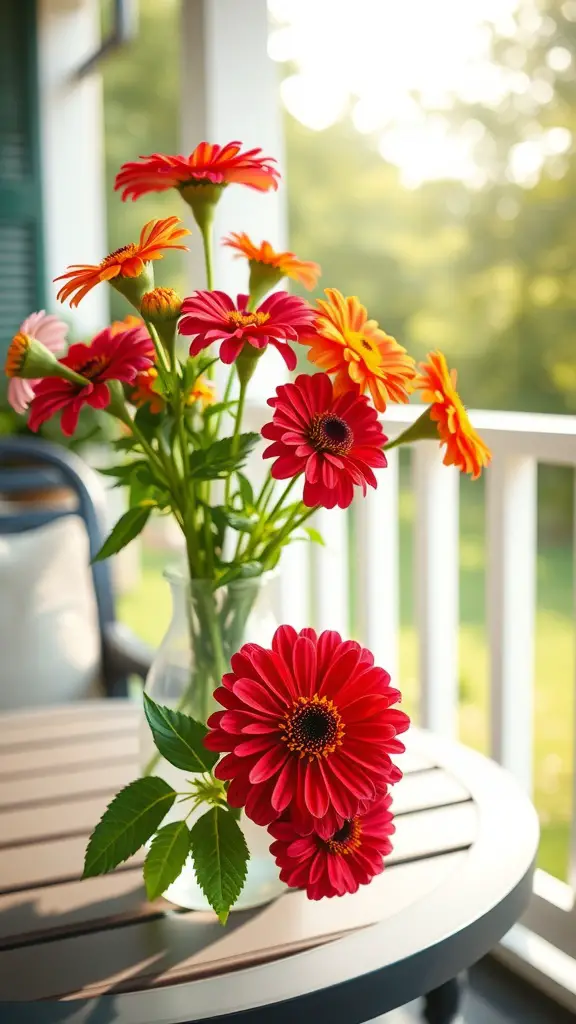 A vibrant bouquet of zinnias in a glass vase on a wooden table on a porch.