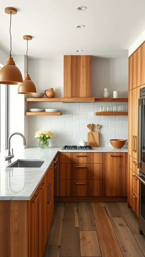 35 Must-Have Wooden Kitchen Essentials for Every Home Chef 16 A wooden kitchen featuring warm cabinetry, stone countertop, and hanging lights.