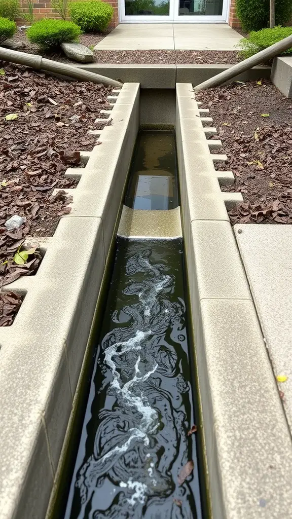 A concrete drainage channel directing water flow near a home entrance.