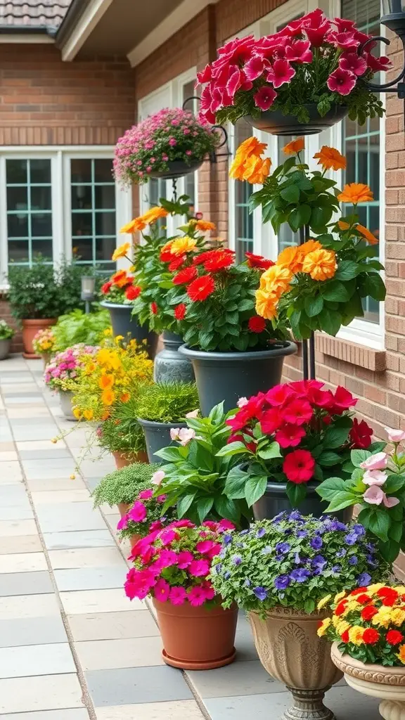 21 Beautiful Small Flower Bed Ideas for a Stunning Garden 8 Colorful container flower beds lined along a patio with various flowering plants.