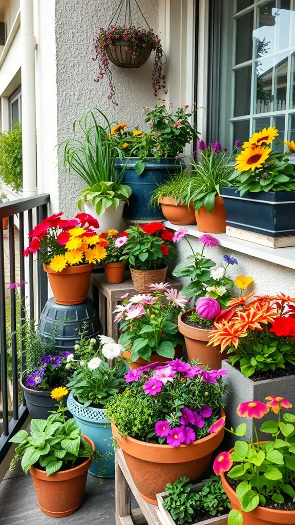 A colorful display of various potted plants and flowers on a balcony, illustrating container gardening in a small space.