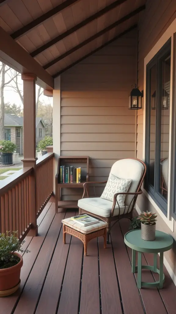A cozy reading nook featuring a comfortable chair, side table, and a bookshelf filled with books.