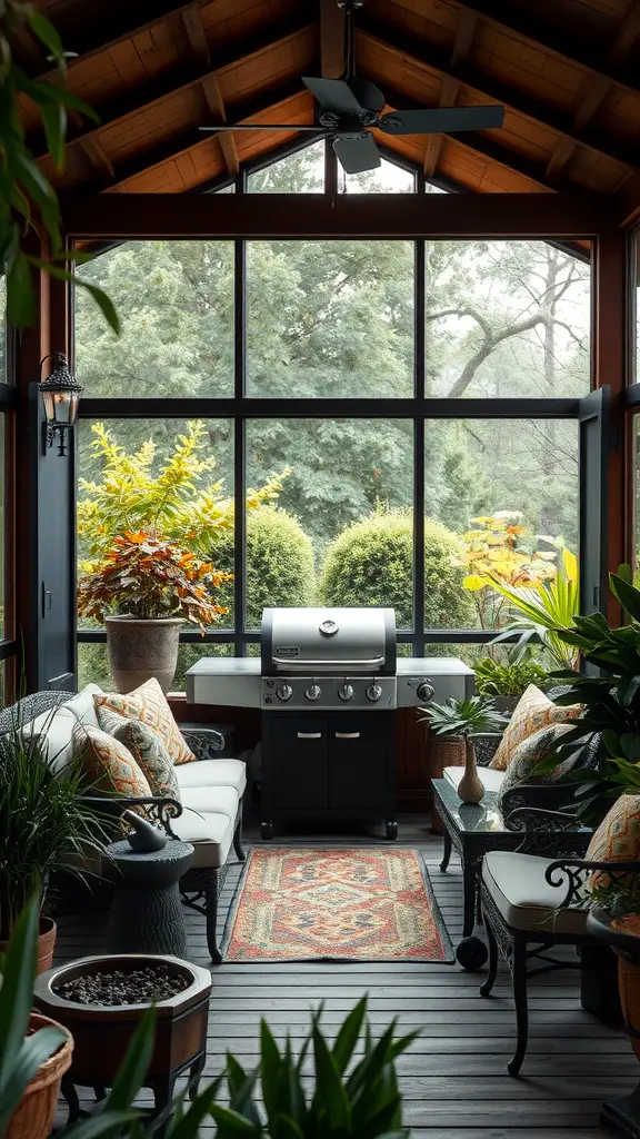 A cozy screened-in grill area with a modern grill, comfortable seating, and lush greenery.