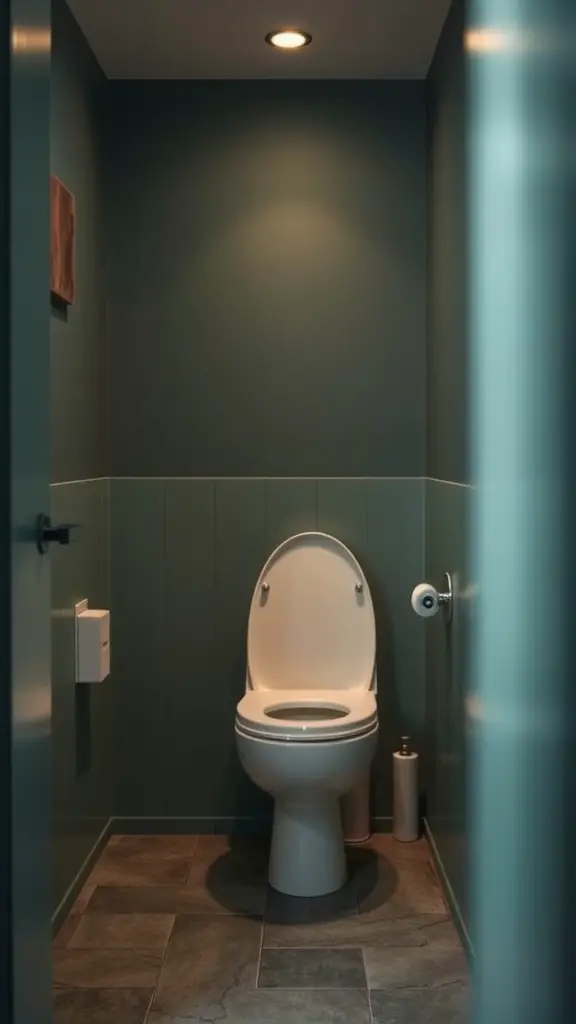 25 Genius Ideas for Maximizing Small Toilet Rooms 27 A compact toilet room with deep green walls and a white toilet, featuring warm lighting and tiled flooring.