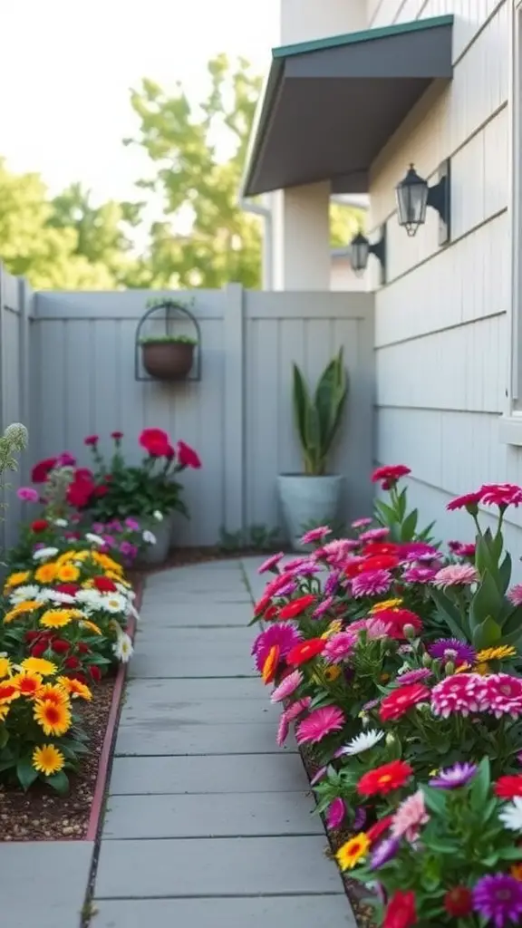 29 Inspiring Small Patio Garden Ideas for Your Outdoor Oasis 12 A small patio garden featuring a colorful flower border alongside a stone pathway.