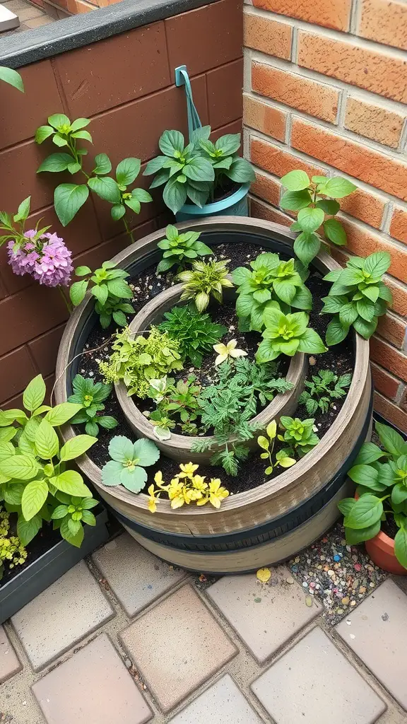 A compact herb spiral garden featuring various herbs and companion plants.