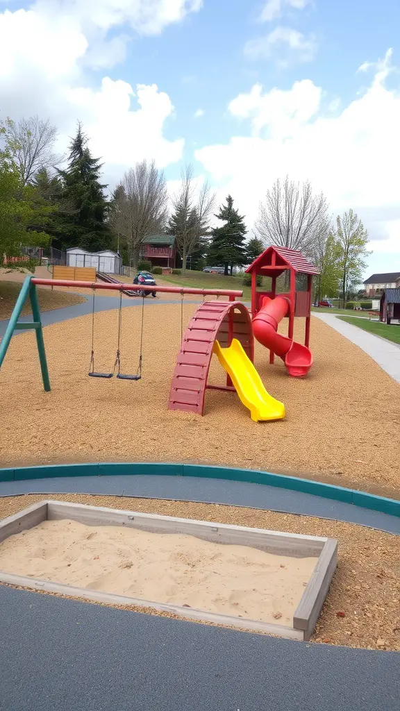 21 Creative Ideas for Designing a Sloped Backyard 12 Colorful playground with swings, slide, and sandbox in a sloped backyard