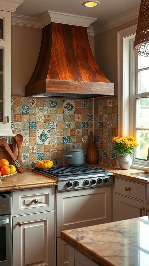 A cozy kitchen with a colorful tiled backsplash and a wooden range hood.