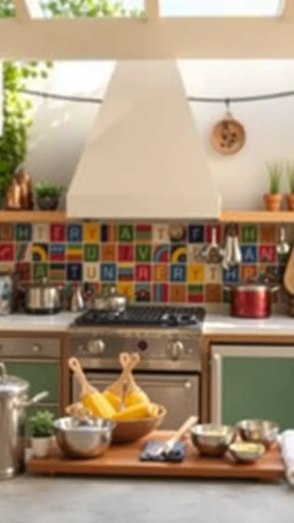 Colorful tiled backsplash in an outdoor kitchen with pots and utensils