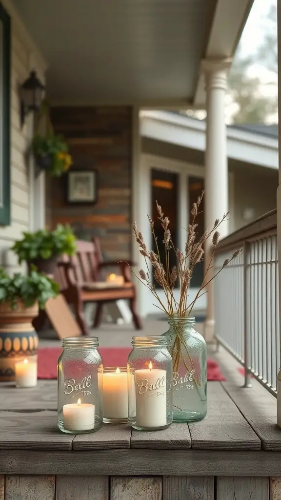27 Stunning Farmhouse Front Porch Ideas to Transform Your Home 23 Vintage jars with candles and dried flowers on a farmhouse porch