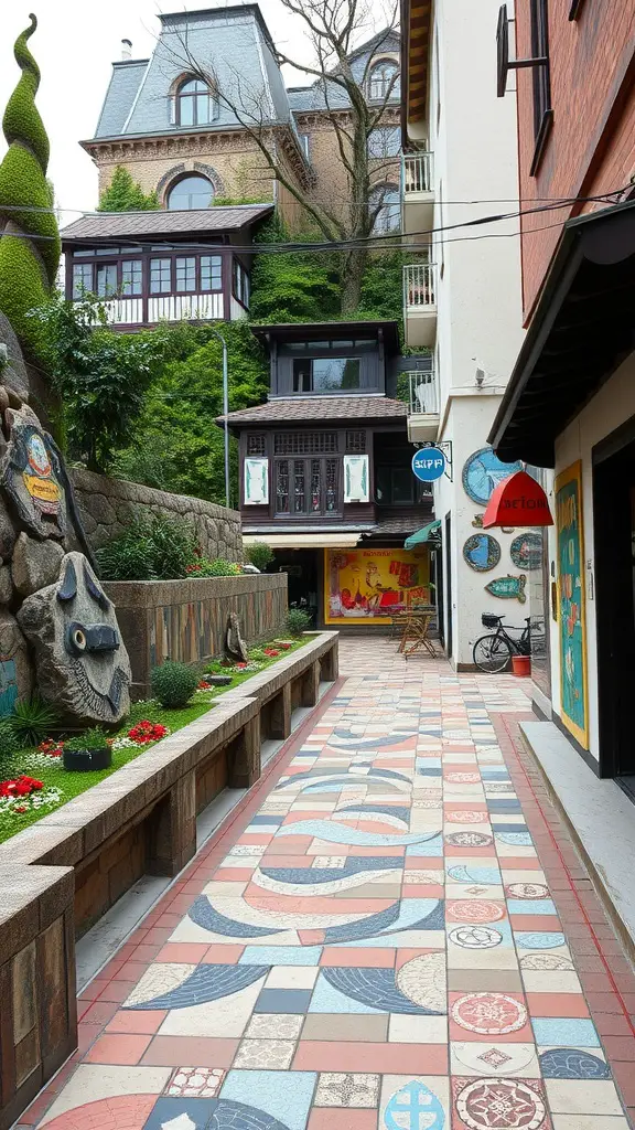 29 Inspiring Mosaic Walkway Ideas for Your Outdoor Space 28 A colorful mosaic walkway surrounded by greenery and charming buildings.