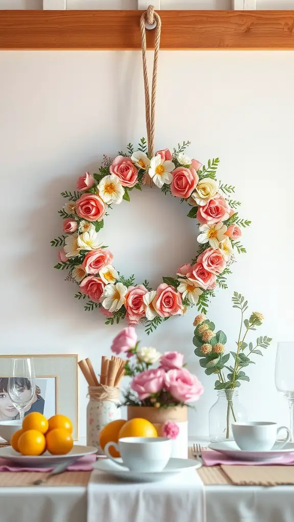 25 Creative Mother's Day Brunch Decor Ideas for Home 21 A floral wreath with pink roses and daisies hanging on a wall above a brunch table with coffee cups and fruits.