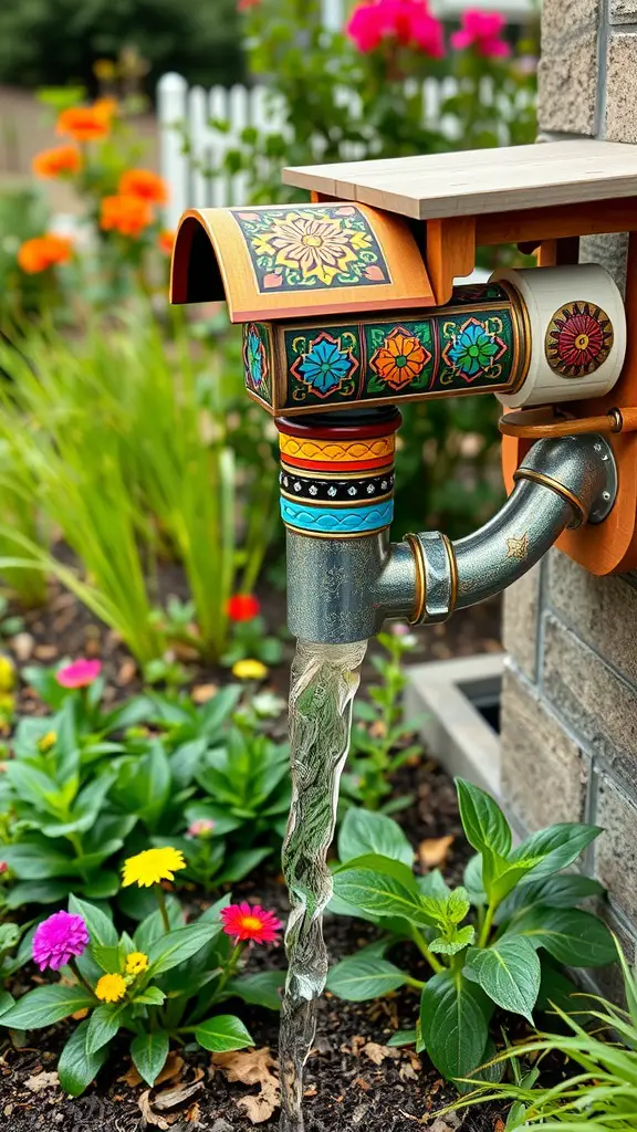 Decorative downspout extension with vibrant colors in a garden setting
