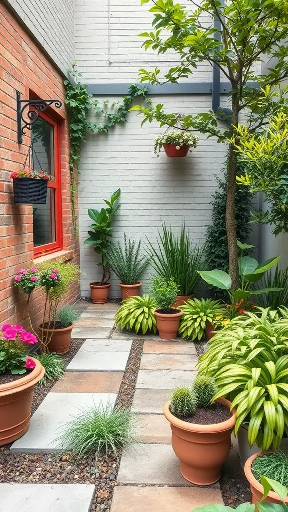 29 Inspiring Small Patio Garden Ideas for Your Outdoor Oasis 28 A small patio garden featuring colorful flowers and various plants in terracotta pots, with a red window and brick wall.