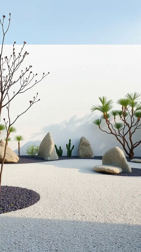 A minimalistic zen garden featuring smooth stones, sparse vegetation, and a clear sky.