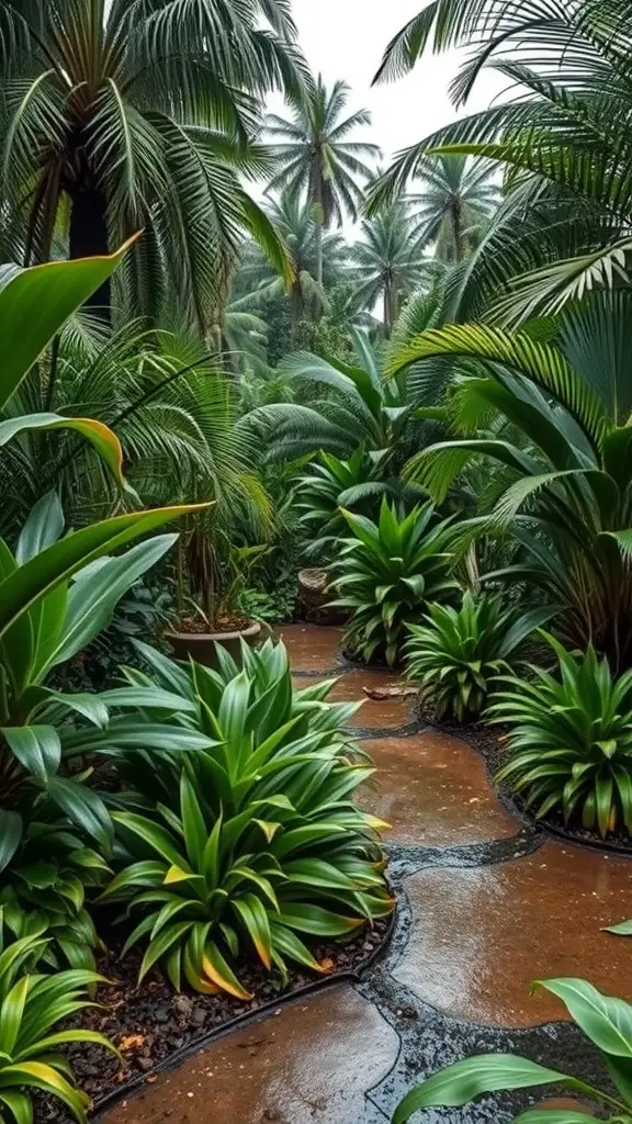 Lush tropical garden with a winding stone path surrounded by green plants and palm trees
