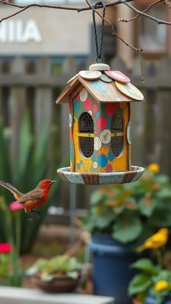 Colorful bird feeder hanging from a branch with a bird flying near it.