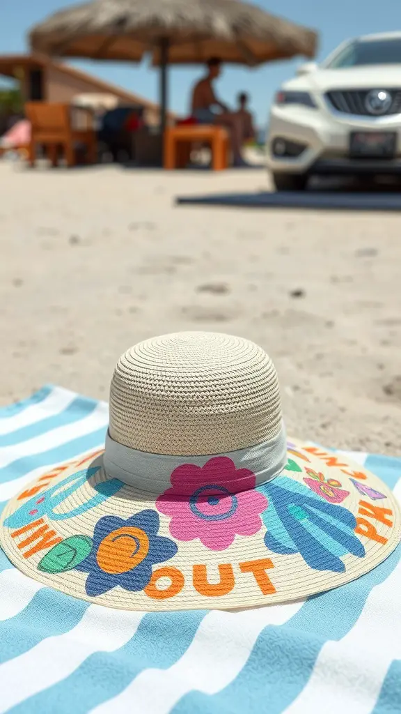 A decorated straw sun hat with colorful flowers and letters, resting on a beach towel.