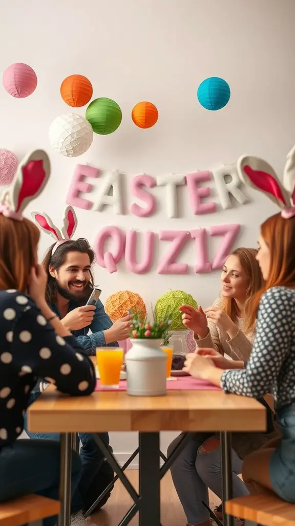 17 Fun Easter Games for Kids and Adults 10 A group of friends enjoying an Easter-themed trivia quiz with colorful decorations and snacks.