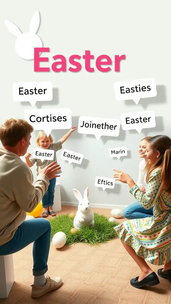 17 Fun Easter Games for Kids and Adults 14 A group of people enjoying Easter Charades with a bunny and colorful decorations.