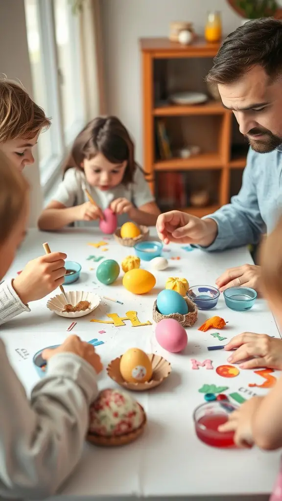 17 Fun Easter Games for Kids and Adults 4 Children and adults decorating Easter eggs together at a table filled with colorful materials.