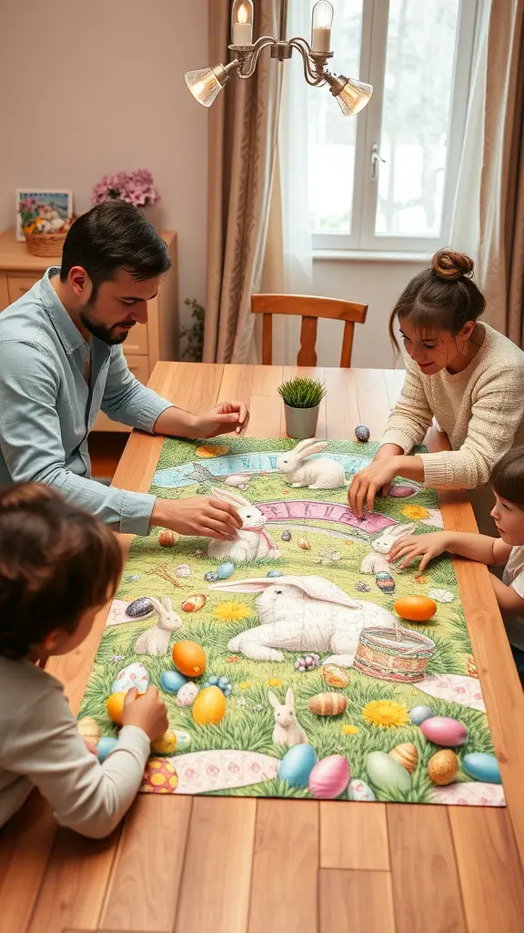 17 Fun Easter Games for Kids and Adults 18 A family engaged in an Easter Puzzle Challenge with colorful puzzle pieces and cheerful illustrations.