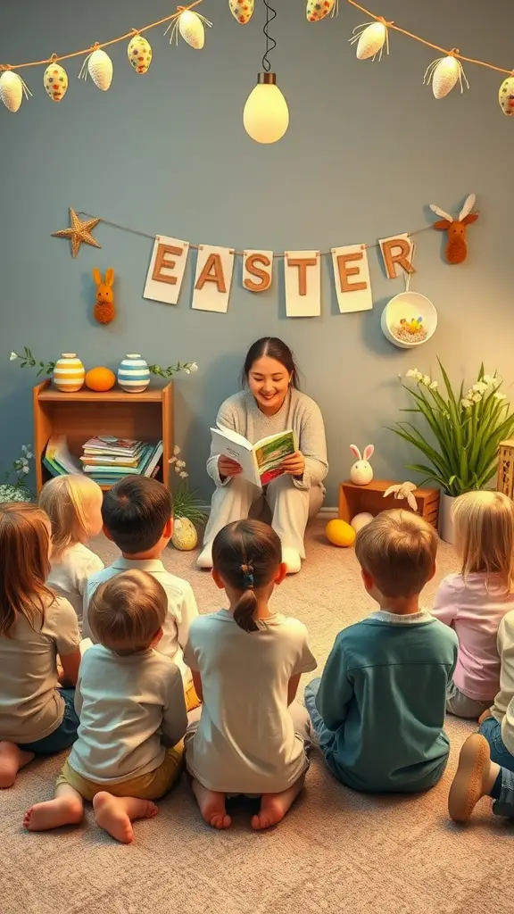 17 Fun Easter Games for Kids and Adults 17 A woman reading a book to a group of children in a festive Easter setting.